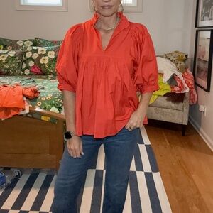 Chic Orange Women's Blouse with Puff Sleeves